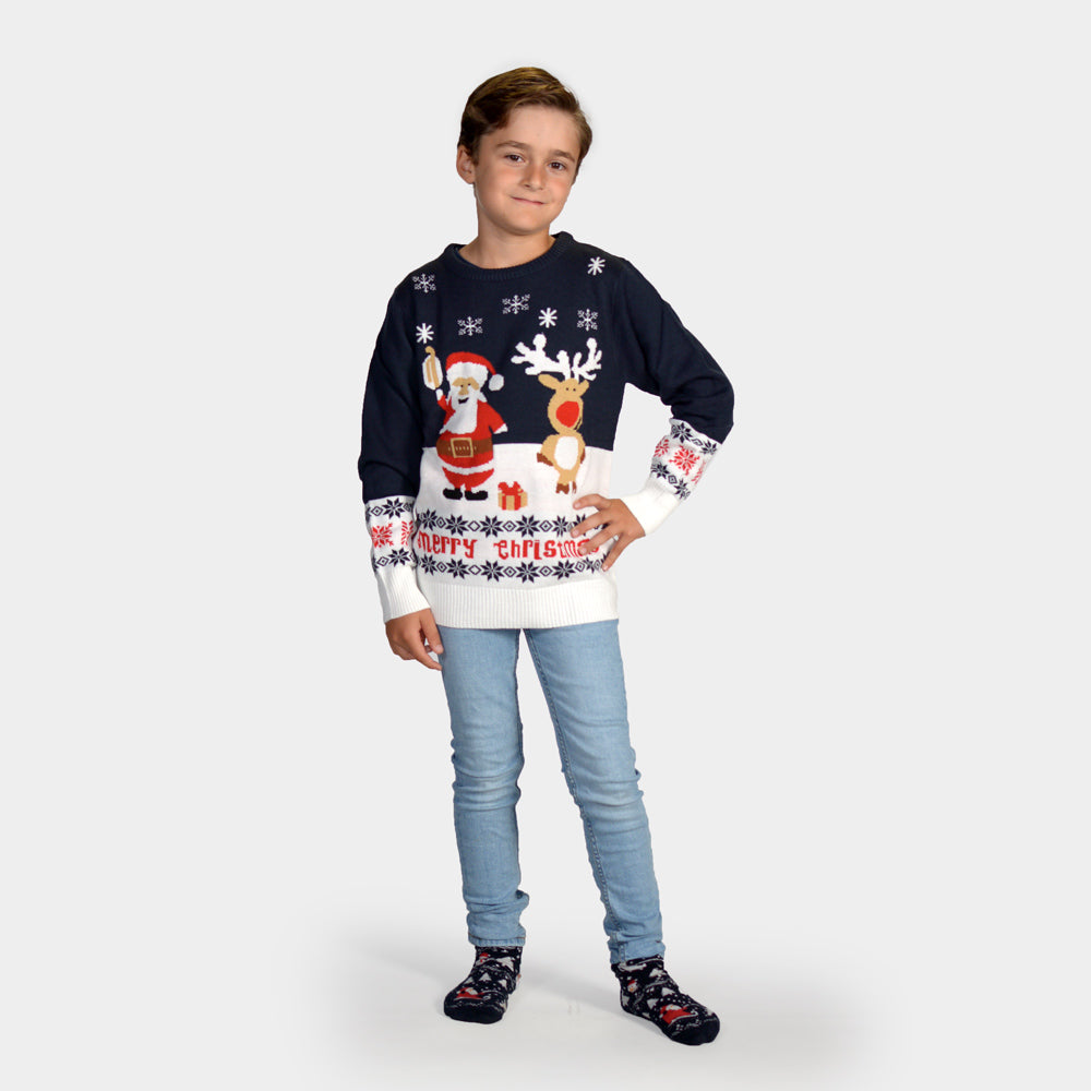 Childrens Blue Ugly Christmas Sweater with Santa and Rudolph