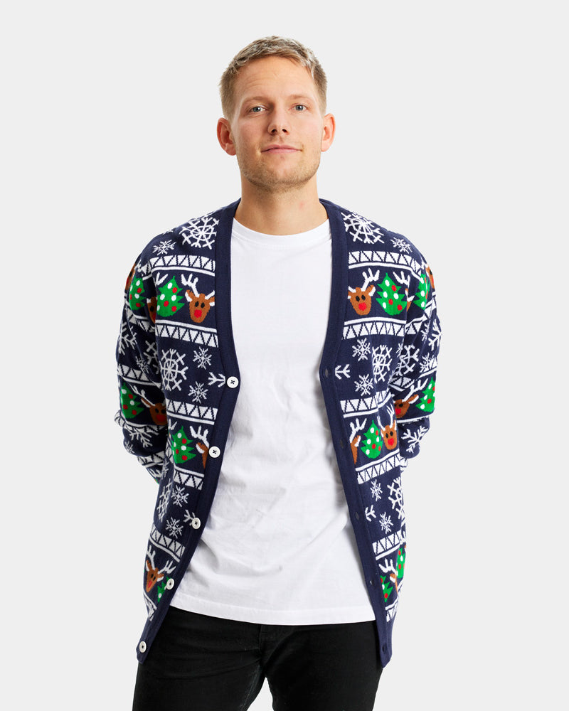 Blue Cardigan Couple's Ugly Christmas Sweater with Reindeers and Trees mens