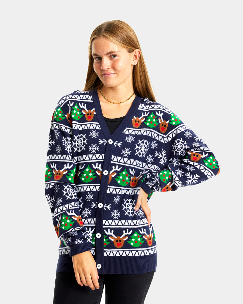 Blue Cardigan Couple's Ugly Christmas Sweater with Reindeers and Trees womens