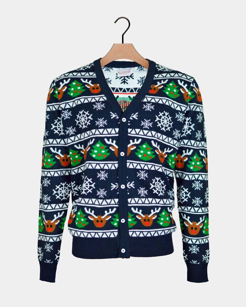 Blue Cardigan Couple's Ugly Christmas Sweater Reindeers Trees