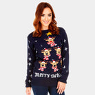 Womens Blue Couple's Ugly Christmas Sweater with Reindeers, Christmas Tree and Star