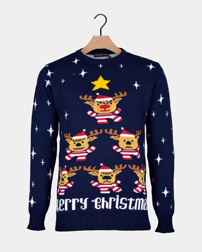 Blue Couple's Ugly Christmas Sweater with Reindeers, Christmas Tree and Star