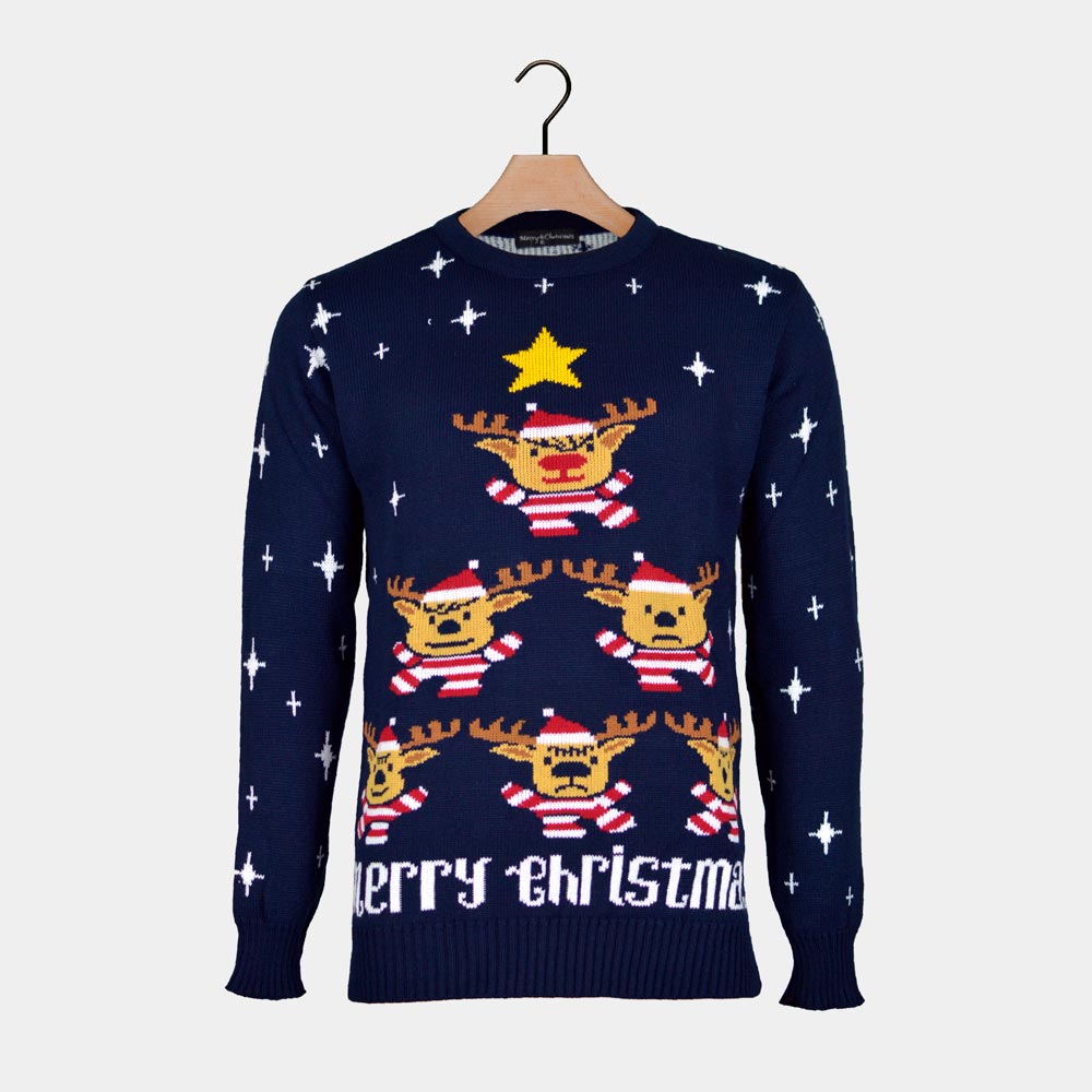Blue Couple's Ugly Christmas Sweater with Reindeers, Christmas Tree and Star