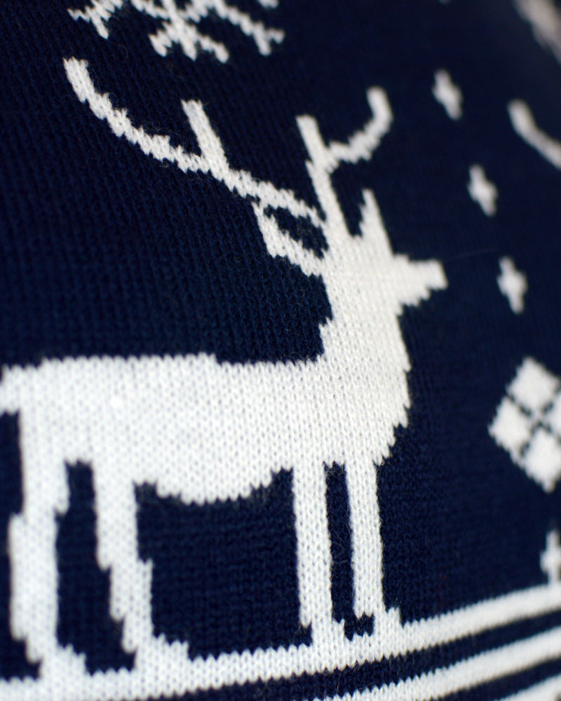 detail Blue Couple's Ugly Christmas Sweater with Reindeers and Nordic Stars