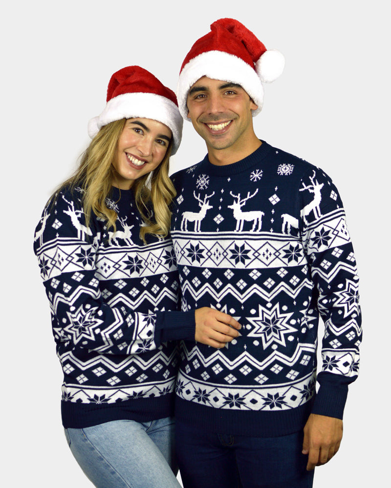 Blue Couple's Ugly Christmas Sweater with Reindeers and Nordic Stars