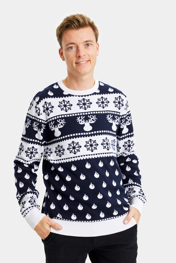 Mens Blue Couple's Ugly Christmas Sweater with Reindeers and Snow