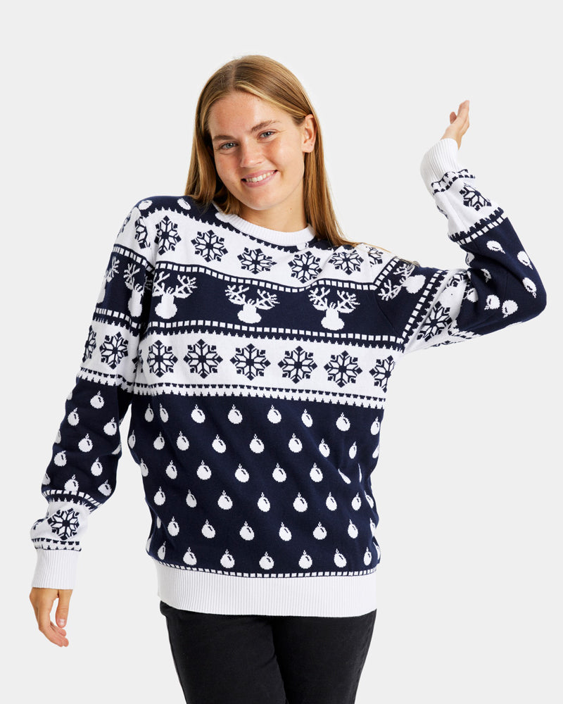 Blue Couple's Ugly Christmas Sweater with Reindeers and Snow Womens