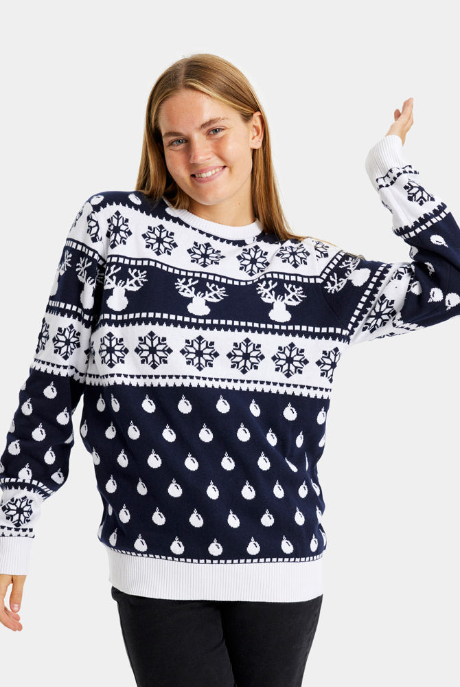 Blue Couple's Ugly Christmas Sweater with Reindeers and Snow Womens