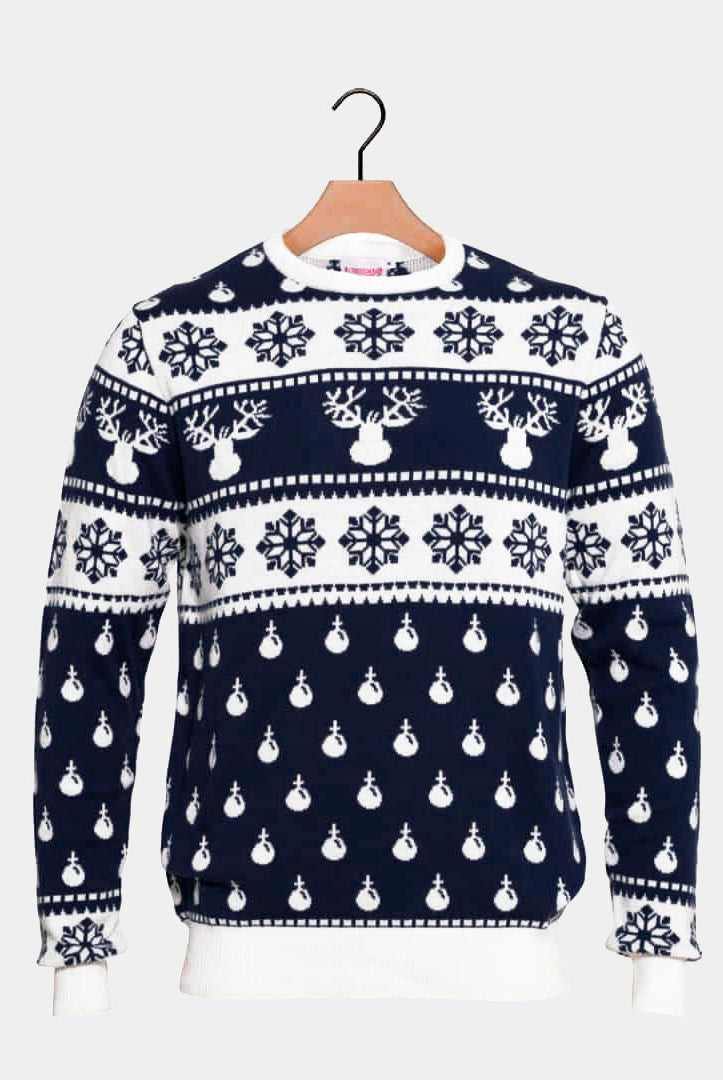 Blue Couple's Ugly Christmas Sweater with Reindeers and Snow