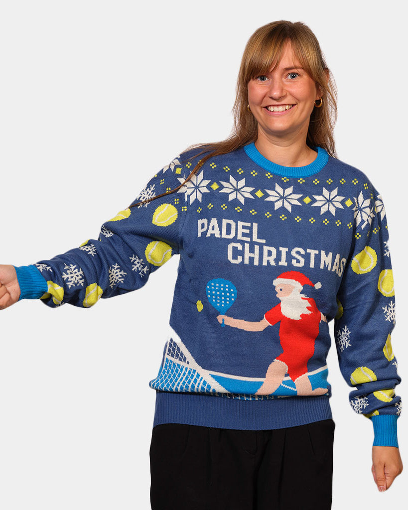 Womens Blue Couple's Ugly Christmas Sweater with Santa playing Padel