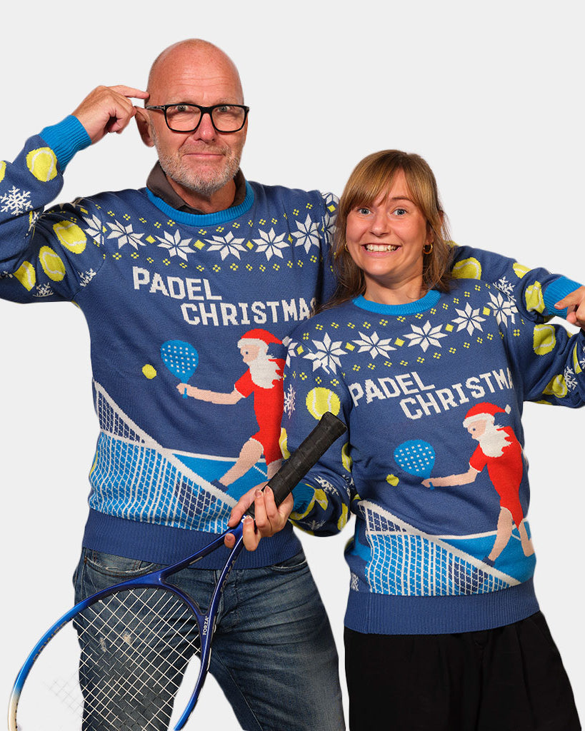 Blue Couple's Ugly Christmas Sweater with Santa playing Padel