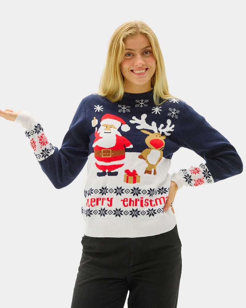 Womens Blue Couple's Ugly Christmas Sweater with Santa and Rudolph