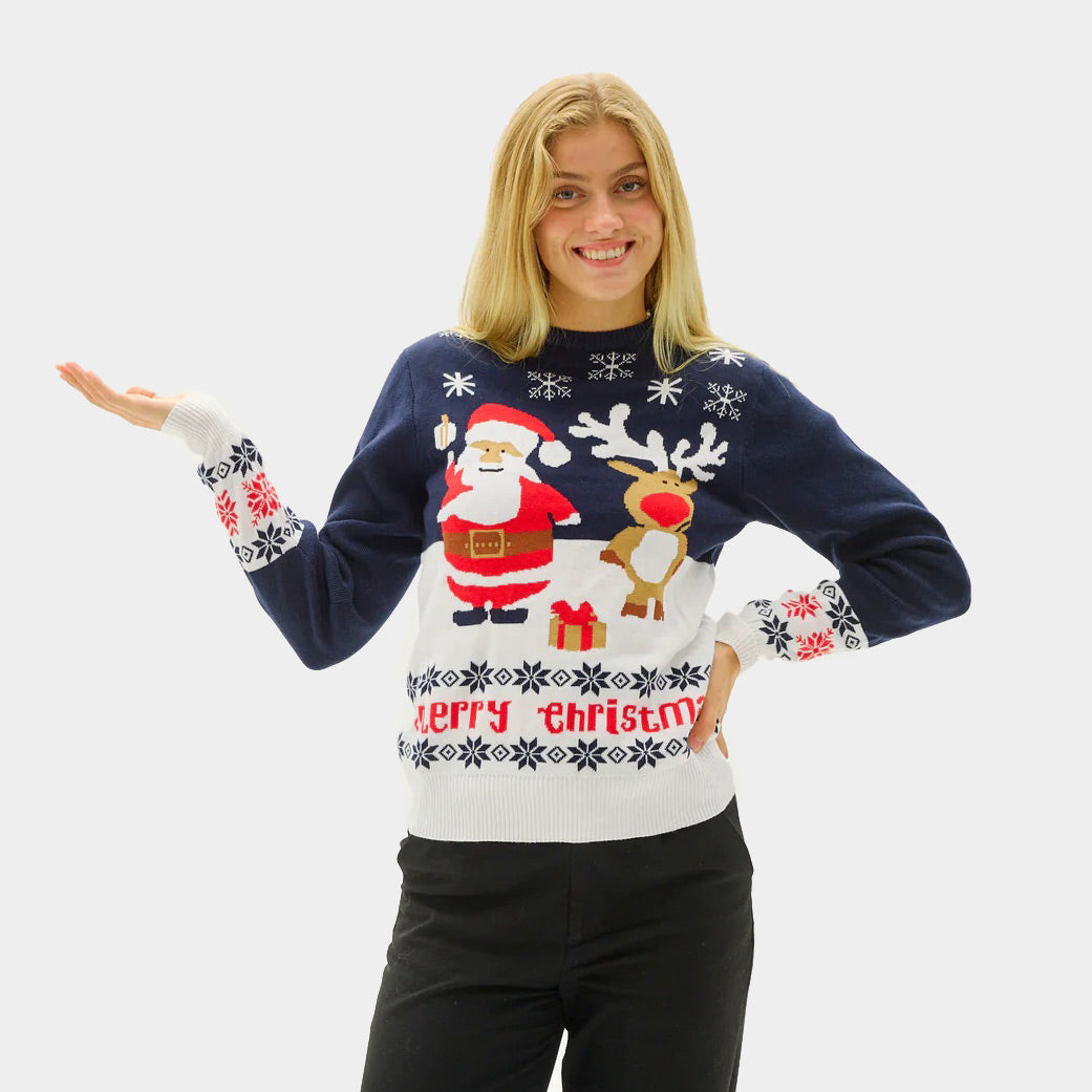 Womens Blue Couple's Ugly Christmas Sweater with Santa and Rudolph