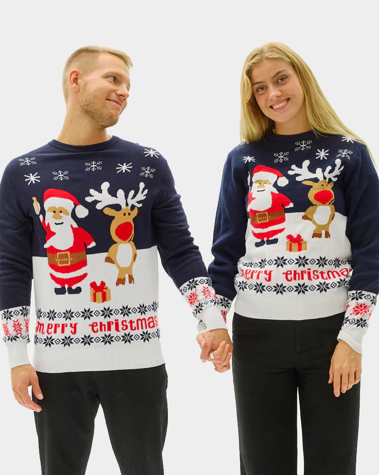 Blue Couple's Ugly Christmas Sweater with Santa and Rudolph