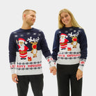 Blue Couple's Ugly Christmas Sweater with Santa and Rudolph