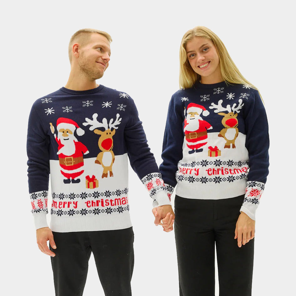 Blue Couple's Ugly Christmas Sweater with Santa and Rudolph