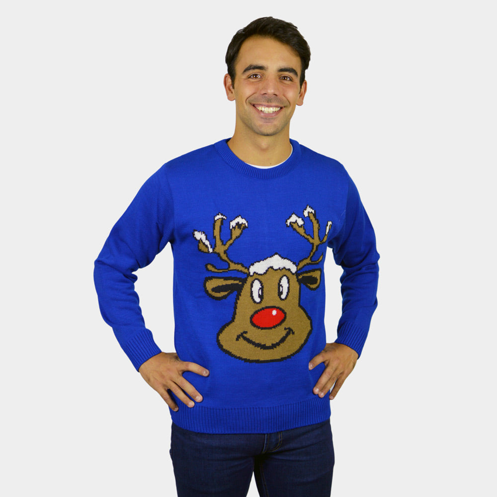 mens Blue Couple's Ugly Christmas Sweater with Smiling Reindeer