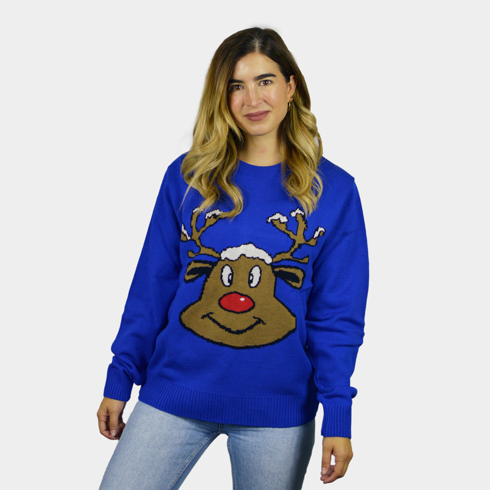 womens Blue Couple's Ugly Christmas Sweater with Smiling Reindeer