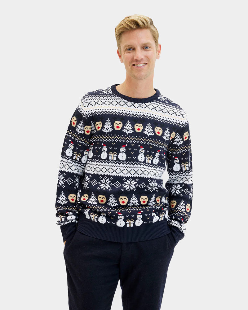 Blue Couple's Ugly Christmas Sweater with Snowmen and Trees Mens
