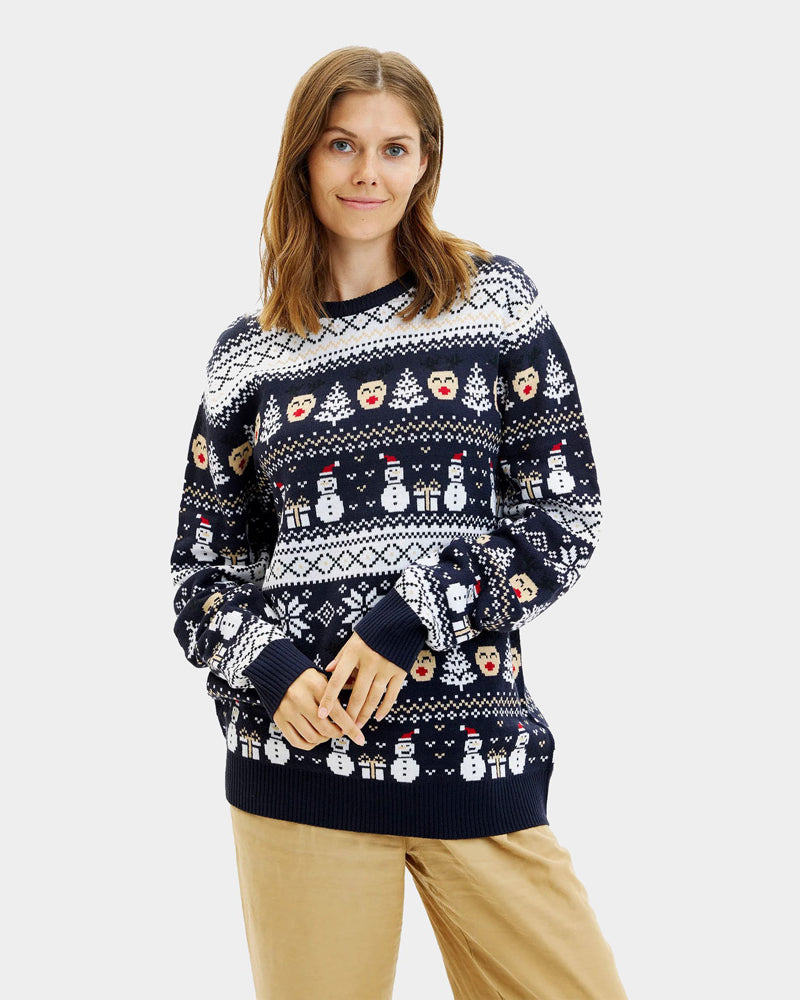 Blue Couple's Ugly Christmas Sweater with Snowmen and Trees Womens