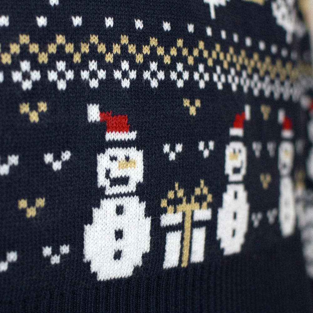 Blue Couples Ugly Christmas Sweater with Snowmen and Trees