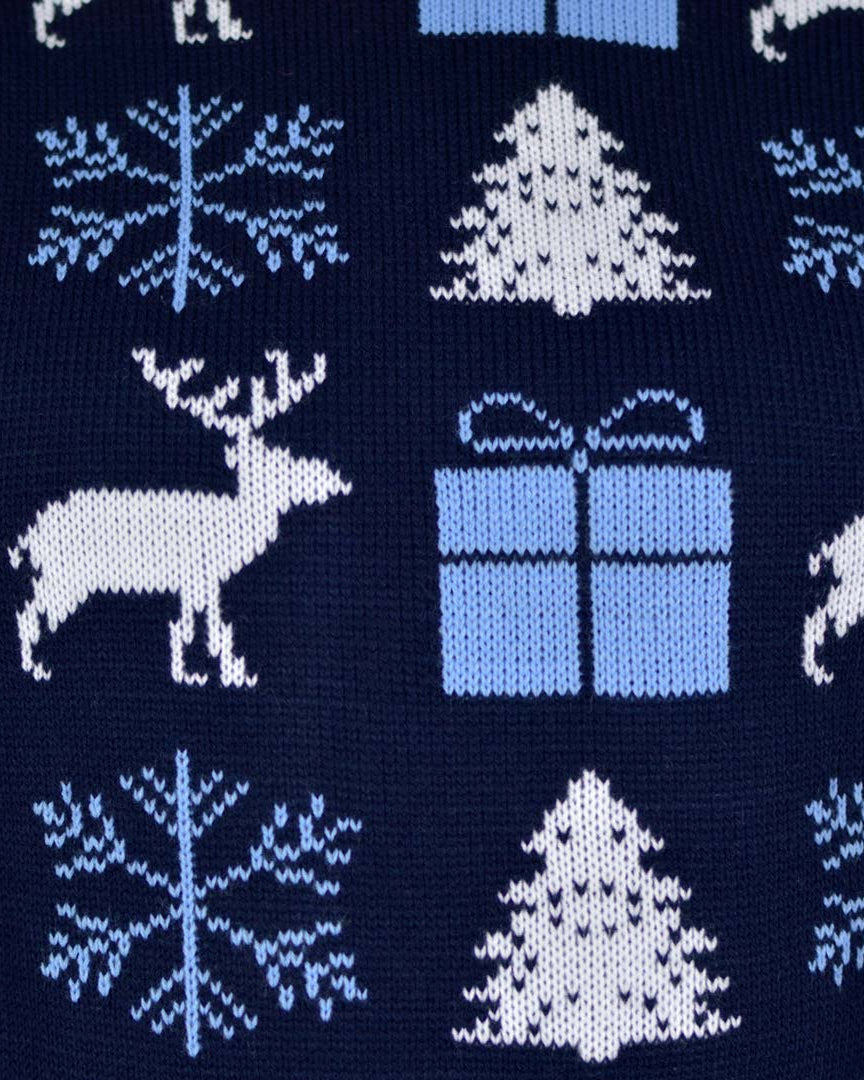detail Blue Couple's Ugly Christmas Sweater with Reindeers, Gifts and Trees