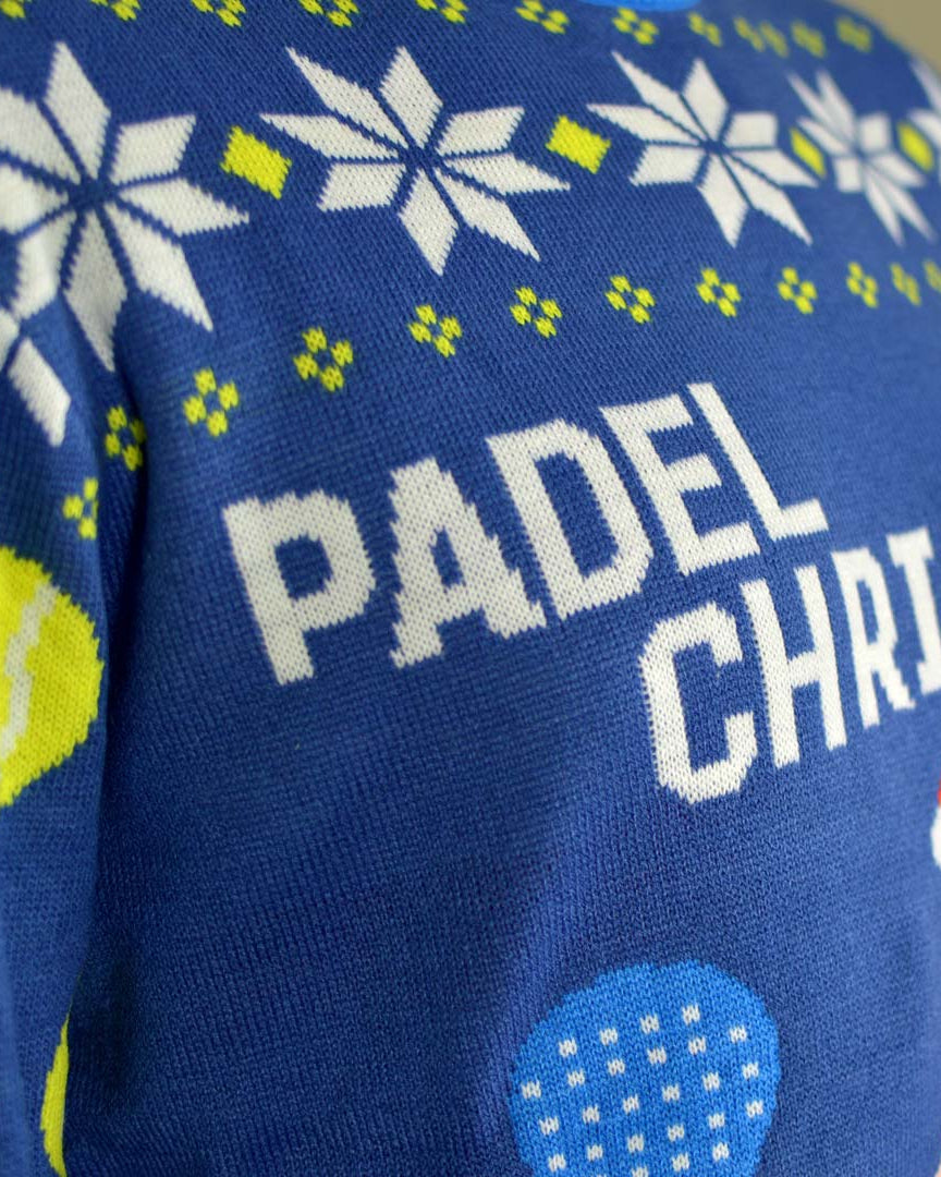Blue Couple's Ugly Christmas Sweater with Santa playing Padel detail