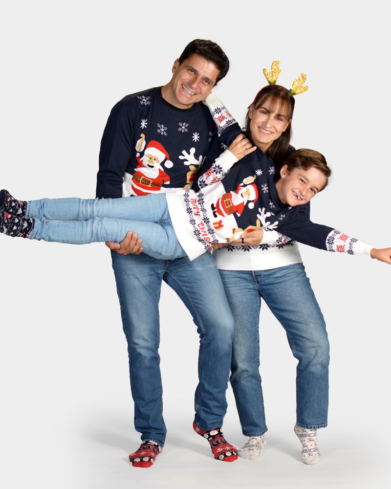 Family Blue Ugly Christmas Sweater with Santa and Rudolph