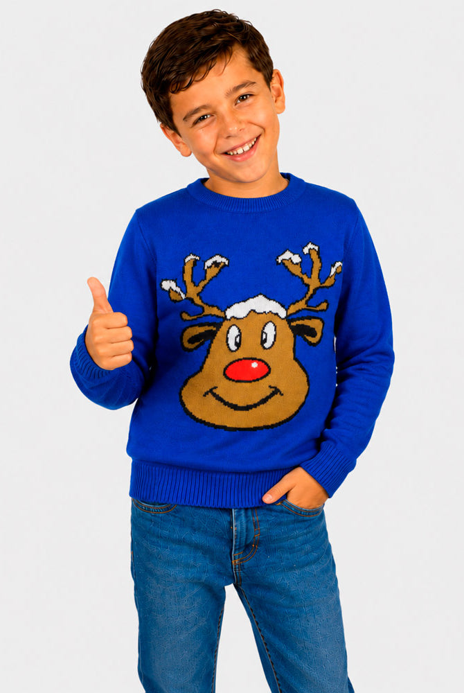 Blue Ugly Christmas Sweater with Smiling Reindeer Boy