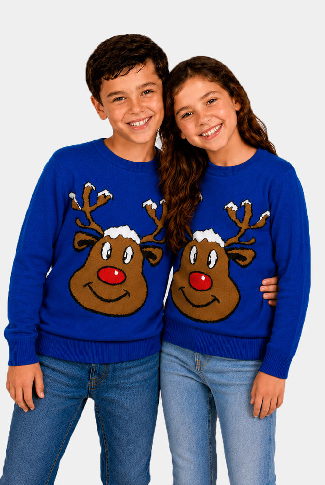 Blue Ugly Christmas Sweater with Smiling Reindeer Children