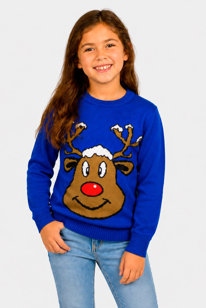 Blue Ugly Christmas Sweater with Smiling Reindeer Girl