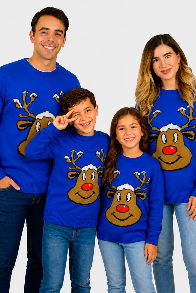 Blue Ugly Christmas Sweater with Smiling Reindeer Family