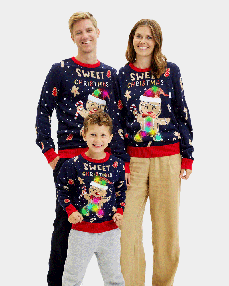 Blue LED light-up Family Ugly Christmas Sweater Ginger Cookie