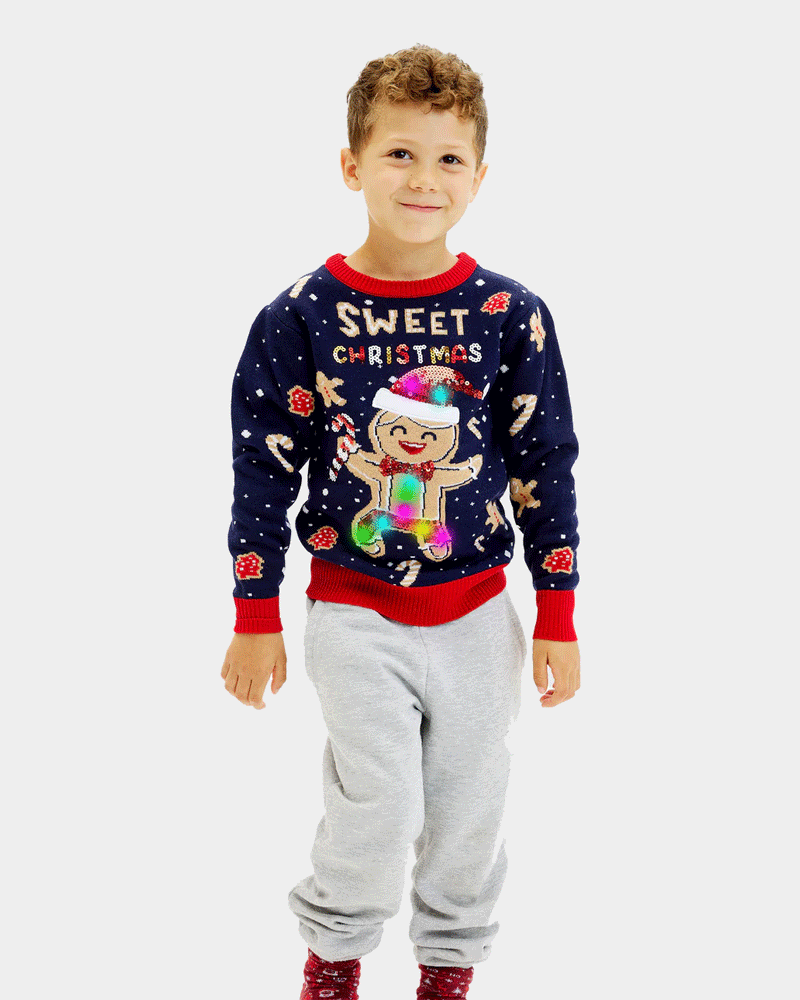 Blue LED light-up Boys Ugly Christmas Sweater Ginger Cookie