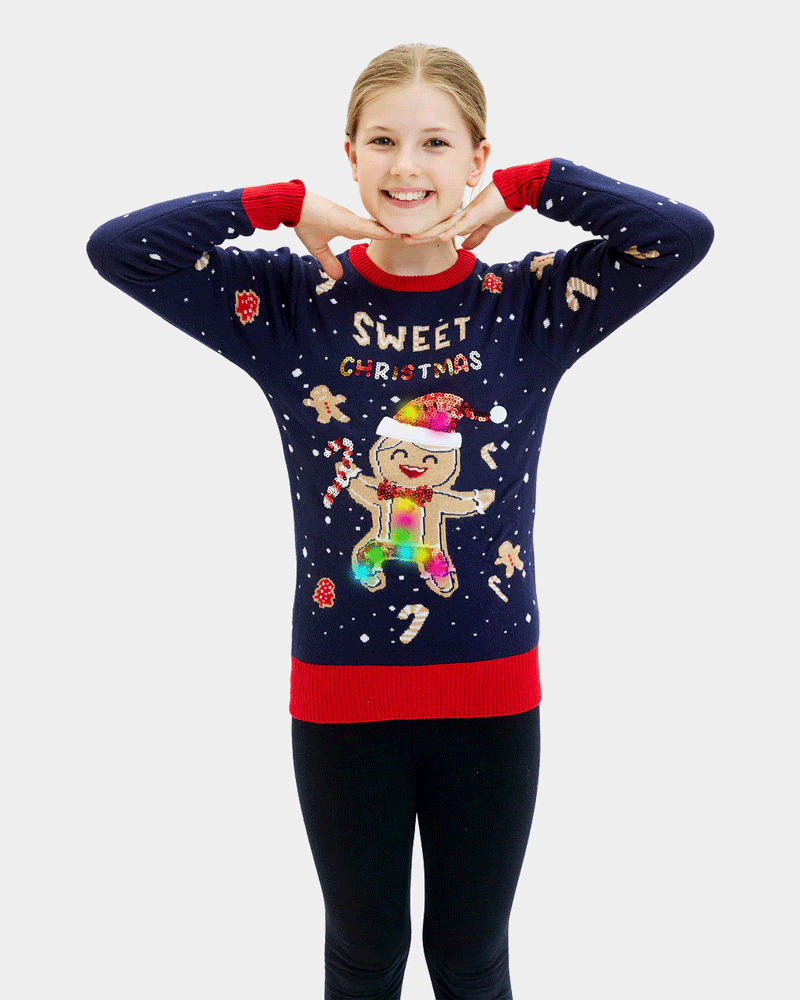 Blue LED light-up Boys and Girls  Ugly Christmas Sweater Ginger Cookie