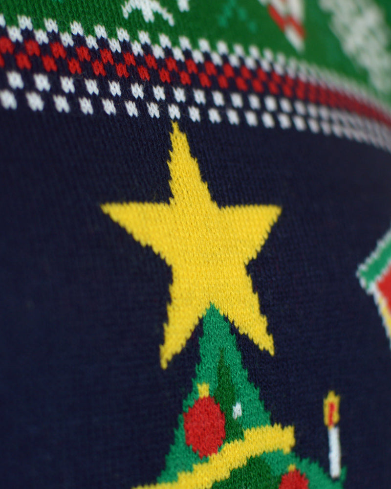 Blue LED light-up Couple's Ugly Christmas Sweater with Christmas Tree detail