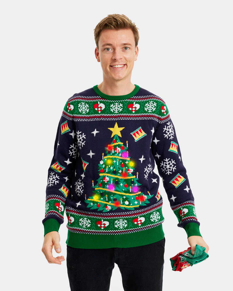 mens Blue LED light-up Couple's Ugly Christmas Sweater with Christmas Tree