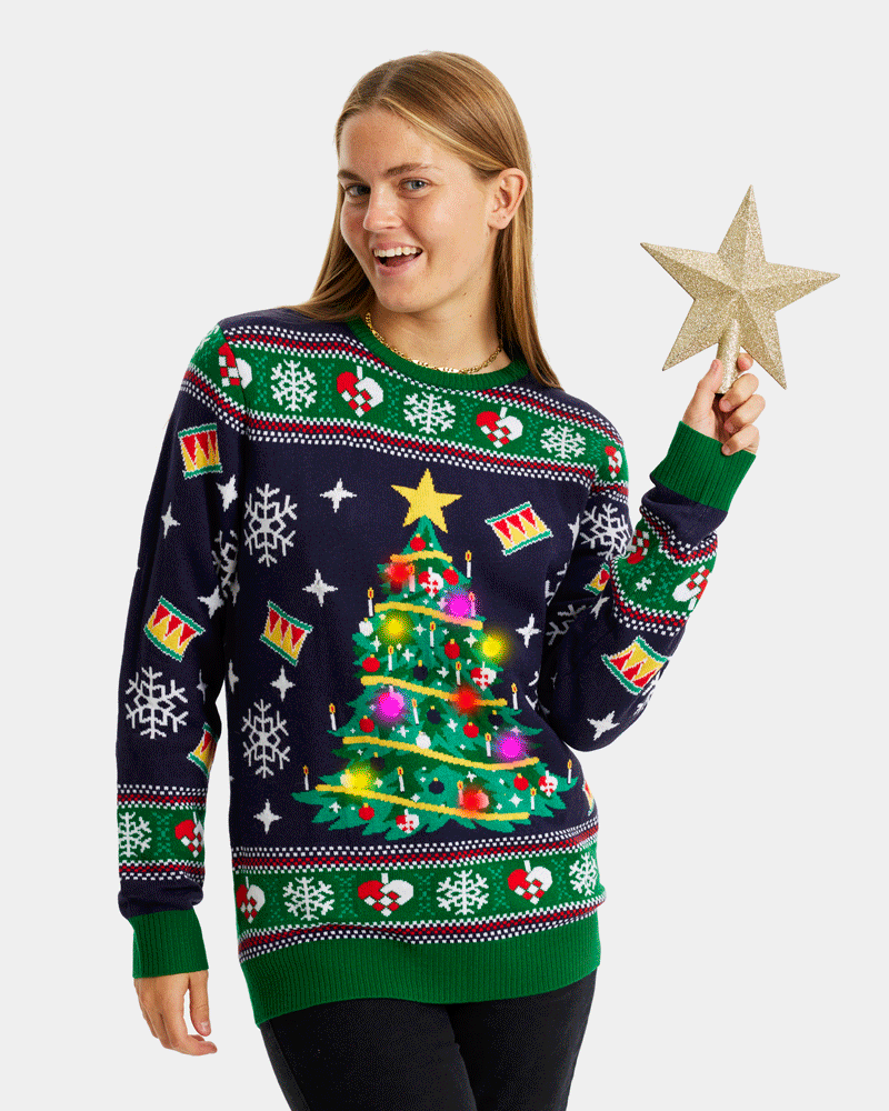 Blue LED light-up Couple's Ugly Christmas Sweater with Christmas Tree womens
