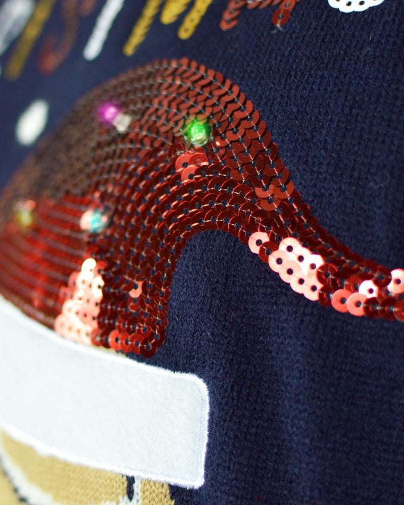 Blue LED light-up Couple's Ugly Christmas Sweater Ginger Cookie detail
