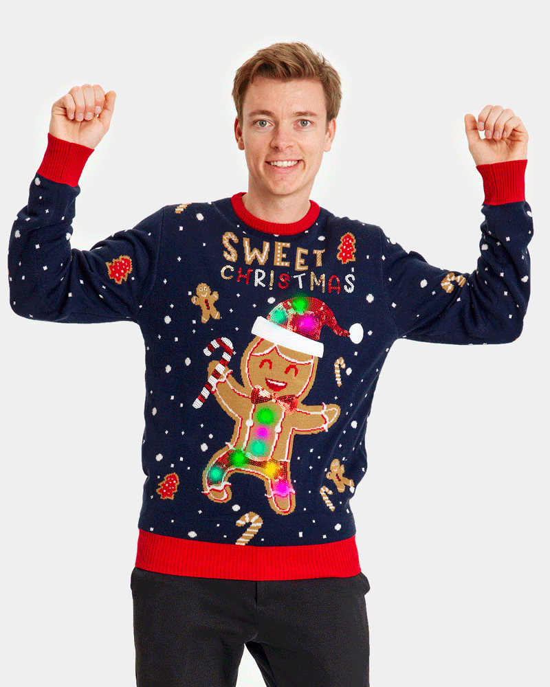 Mens Blue LED light-up Couple's Ugly Christmas Sweater Ginger Cookie