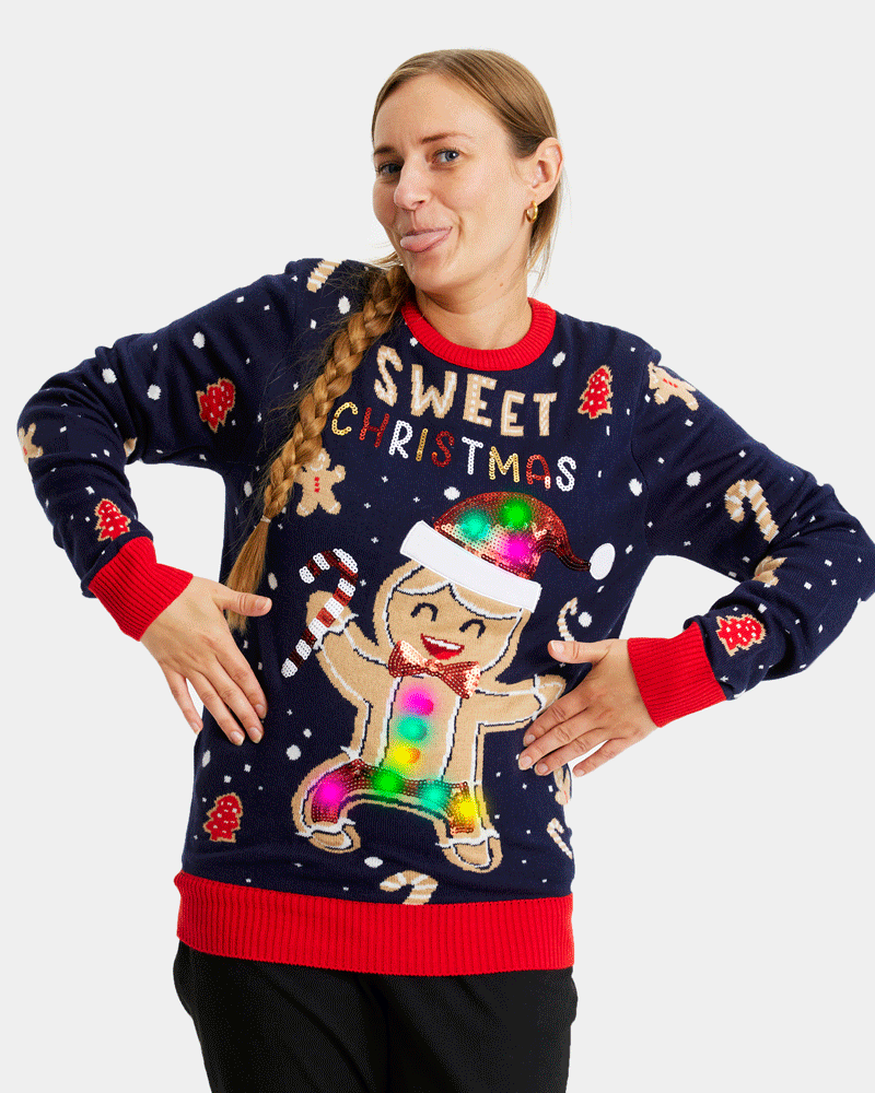 Womens Blue LED light-up Couple's Ugly Christmas Sweater Ginger Cookie