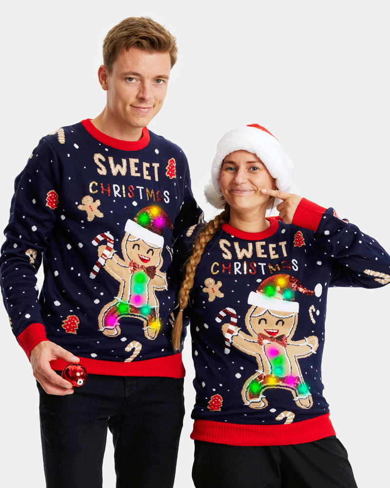 Blue LED light-up Couple's Ugly Christmas Sweater Ginger Cookie