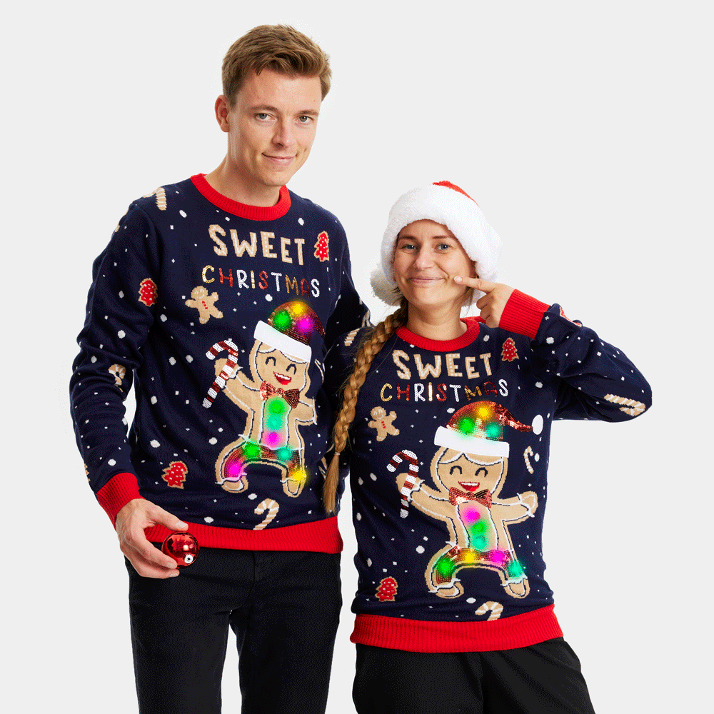 Blue LED light-up Couple's Ugly Christmas Sweater Ginger Cookie
