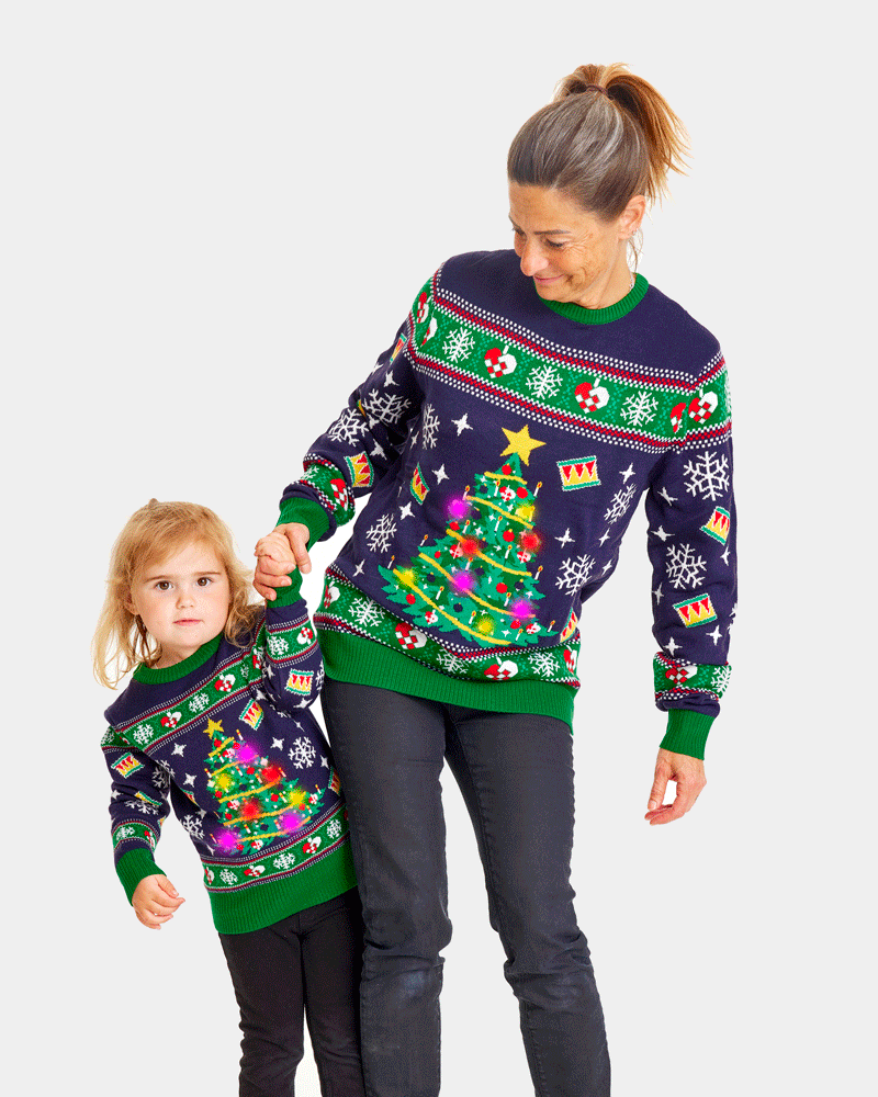 Blue LED light-up Family Ugly Christmas Sweater with Christmas Tree