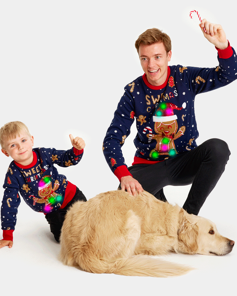 Blue LED light-up Family Ugly Christmas Sweater Ginger Cookie