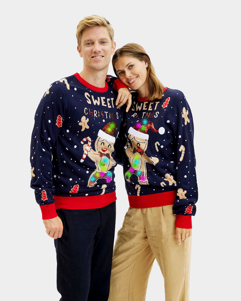 Blue LED light-up Mens Womens Ugly Christmas Sweater Ginger Cookie