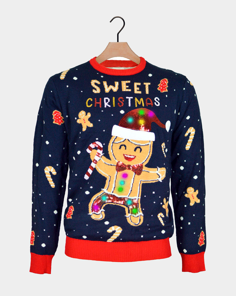Blue LED light-up Ugly Christmas Sweater Ginger Cookie Couples