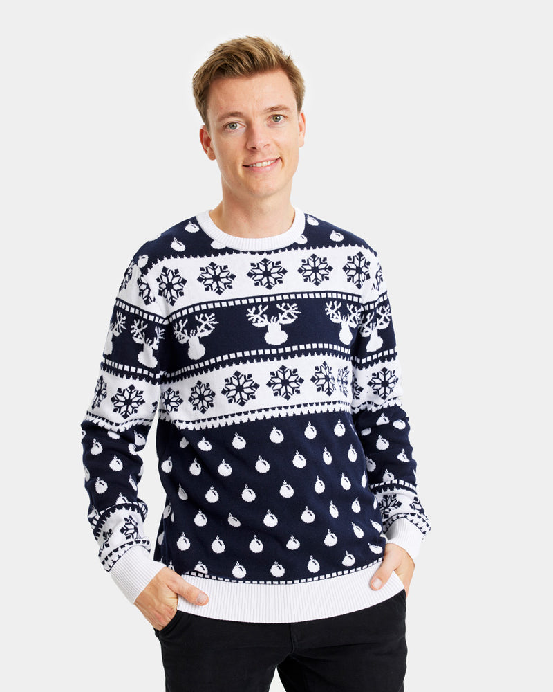 Blue Men's Ugly Christmas Sweater with Reindeers and Snow