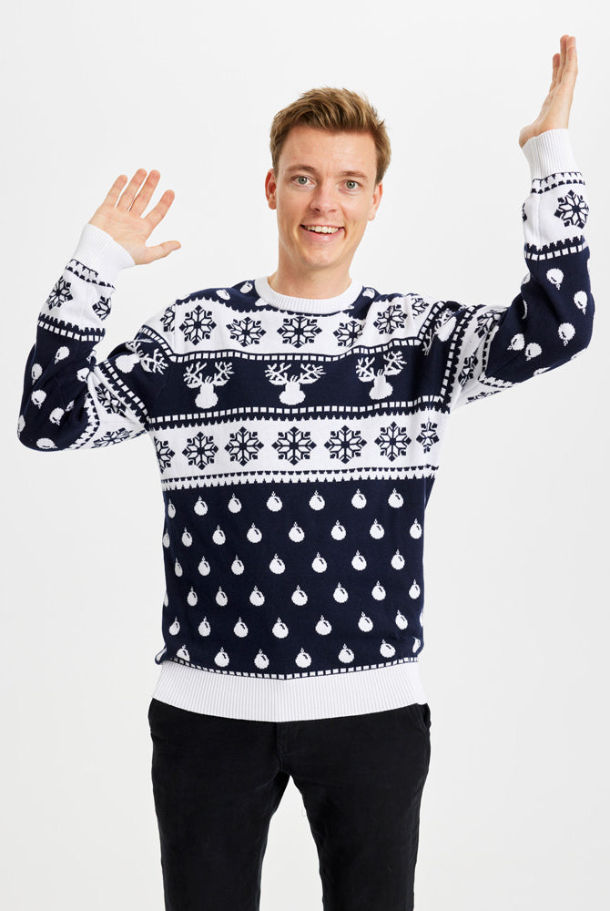 Blue Mens Ugly Christmas Sweater with Reindeers and Snow Womens