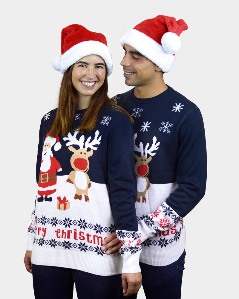 Couples Blue Organic Cotton Ugly Christmas Sweater with Santa and Rudolph